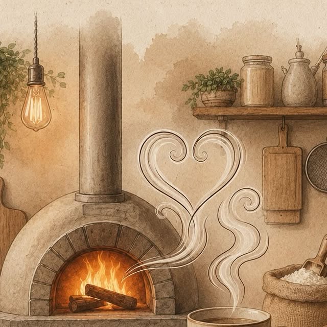 Ilustração em aquarela do forno a lenha com coração de vapor